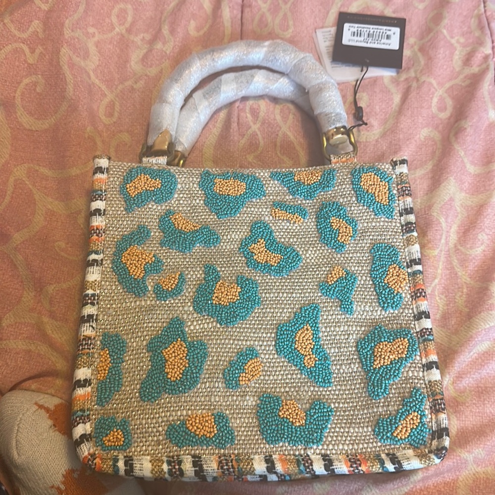 Beaded Leopard Print Top-Handle Shoulder Bag - Turquoise & Gold